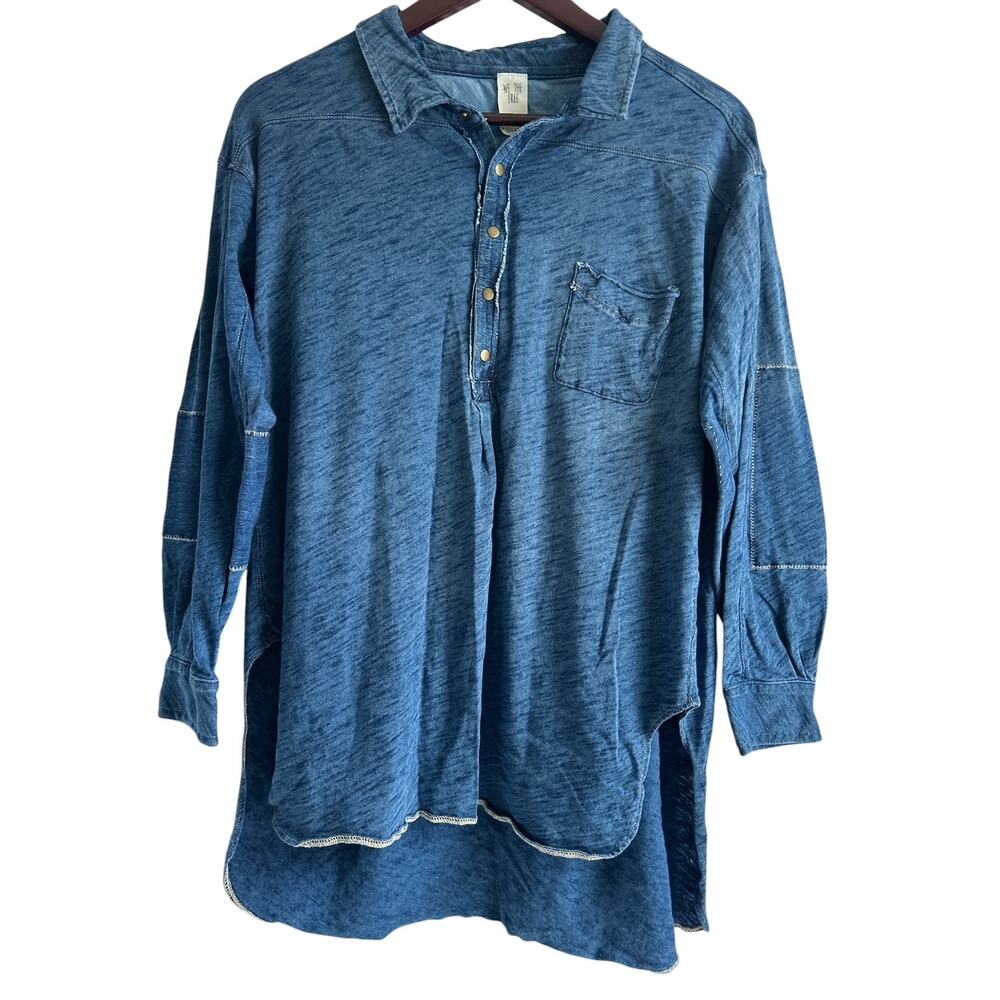 Free‎ People XS Cotton Oversized Loves This Henley Indigo Chambray Tunic Top